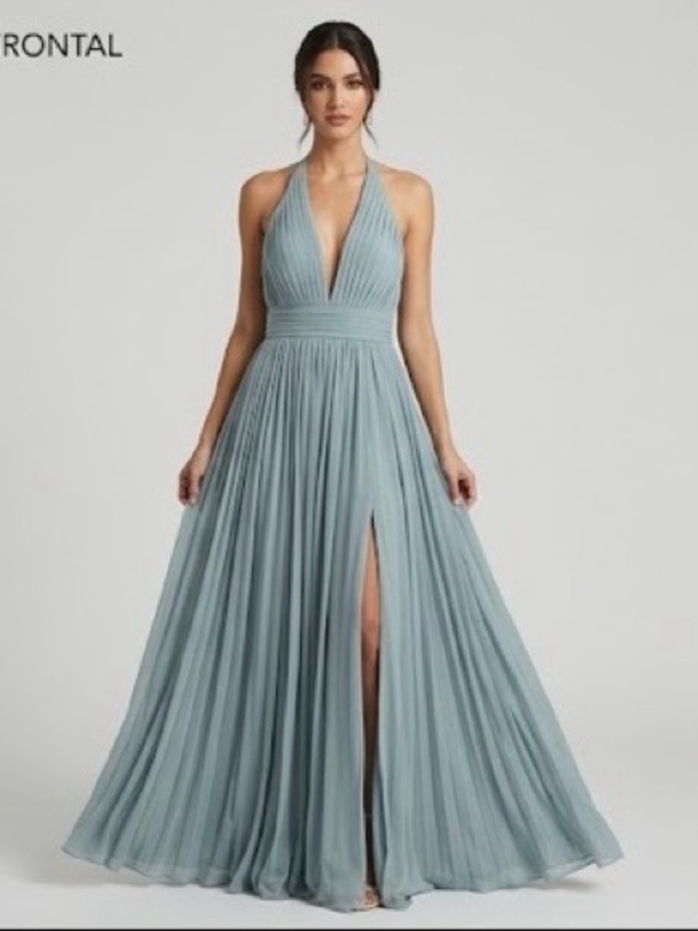 Azazie Halter Pleated Maxi Dress in Dusty Blue 843